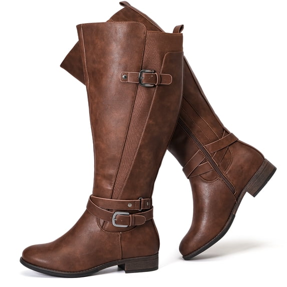 Love Steetly Women's Extra Wide Calf Knee High Boots, Adjustable Buckle Riding Boots, Low Block Heel Side Zipper Tall Boots for Curvy Legs.