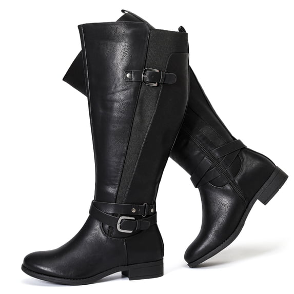 Love Steetly Women's Extra Wide Calf Knee High Boots, Adjustable Buckle Riding Boots, Low Block Heel Side Zipper Tall Boots for Curvy Legs.