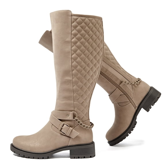 Love Steetly Women's Extra Wide Calf Knee High Boots, Quilted Tall Boots with Buckle Chain, Block Heel Side Zipper Non-Slip Winter Boots.