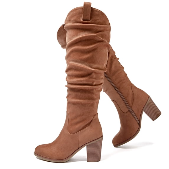 Love Steetly Women's Extra Wide Calf Knee High Boots, Slouchy Ruched Shaft, Chunky Block Heel Side Zip Casual Winter Tall Boots.