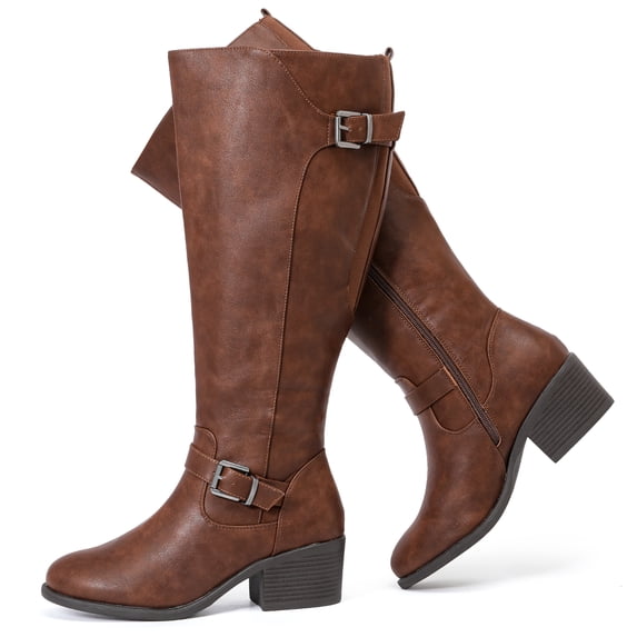 Love Steetly Women's Extra Wide Calf Knee High Boots, Vintage Faux Leather Double Buckle Block Heel Boots.