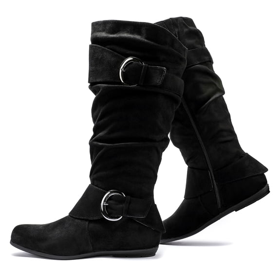 Love Steetly Women's Extra Wide Calf Knee High Boots, Slouchy Double Buckle Flat Fall Winter Boots.