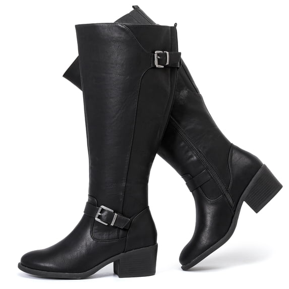 Love Steetly Women's Extra Wide Calf Knee High Boots, Vintage Faux Leather Double Buckle Block Heel Boots.
