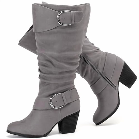 Love Steetly Women's Extra Wide Calf Knee High Boots, Soft Faux Suede, Two Large Round Buckle Straps, Slouchy Ruched Shaft Textured Stacked Heel Boots.