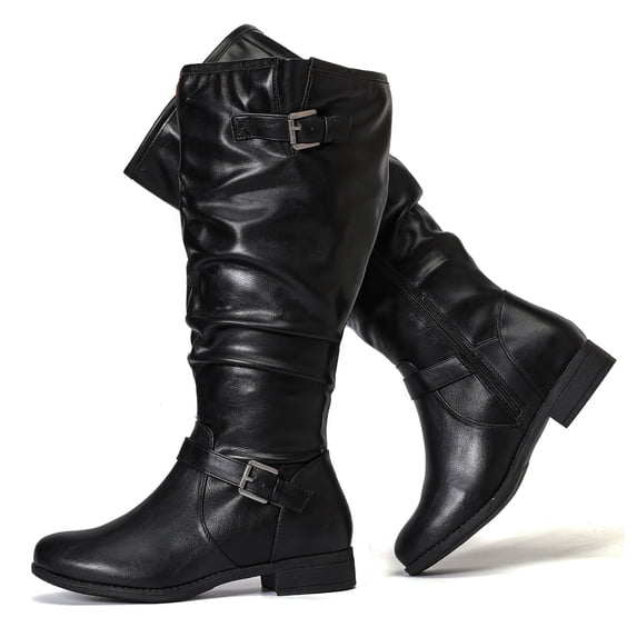 Love Steetly Women's Extra Wide Calf Knee High Boots, Slouched Shaft Tall Boots, Dual Antique Buckles, Low Stacked Heel Side Zipper Riding Boots.