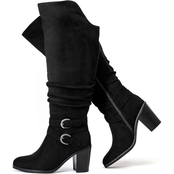 Love Steetly Women's Extra Wide Calf Knee High Boots, Slouchy Ruched Faux Leather, Double Buckle Accents, Chunky Block Heel Side Zipper Boots.