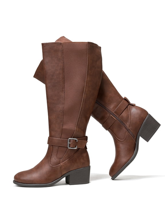 Women's Extra Wide Calf Knee High Boots, Wide Width Winter Tall Boots, Adjustable Buckle Side Zip Block Heel Riding Boots.