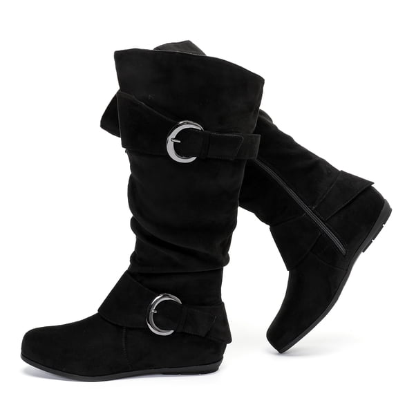 Love Steetly Women's Extra Wide Calf Knee High Boots, Slouchy Double Buckle Flat Fall Winter Boots.