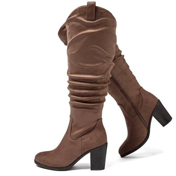Love Steetly Women's Extra Wide Calf Knee High Boots, Slouchy Ruched Shaft, Chunky Block Heel Side Zip Casual Winter Tall Boots.
