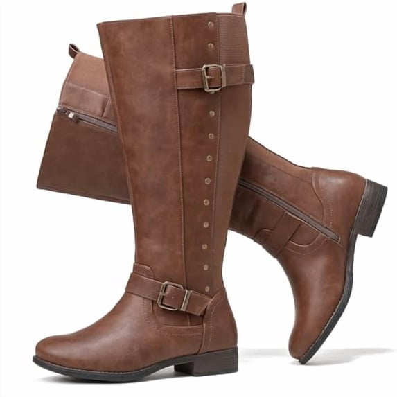 Love Steetly Women's Extra Wide Calf Knee High Boots, Rivet Decor Tall Boots, Low Block Heel Side Zipper Stretch Riding Boots for Wide Legs.