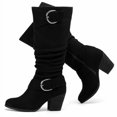 thumbnail image 1 of Love Steetly Women's Extra Wide Calf Knee High Boots, Soft Faux Suede, Two Large Round Buckle Straps, Slouchy Ruched Shaft Textured Stacked Heel Boots., 1 of 8