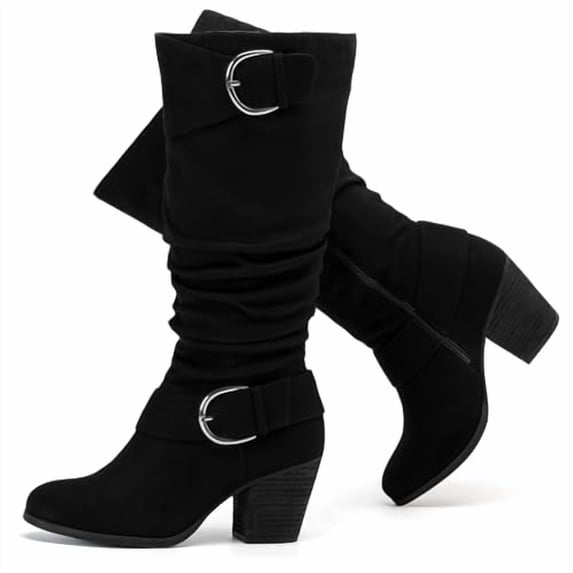Love Steetly Women's Extra Wide Calf Knee High Boots, Soft Faux Suede, Two Large Round Buckle Straps, Slouchy Ruched Shaft Textured Stacked Heel Boots.