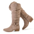 thumbnail image 1 of Love Steetly Women's Extra Wide Calf Knee High Boots, Shimmer Faux Suede, O-Ring Harness Accent, Slouchy Shaft Stacked Block Heel Side Zipper Boots., 1 of 6