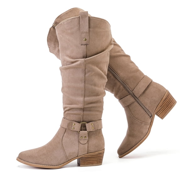 Love Steetly Women's Extra Wide Calf Knee High Boots, Shimmer Faux Suede, O-Ring Harness Accent, Slouchy Shaft Stacked Block Heel Side Zipper Boots.