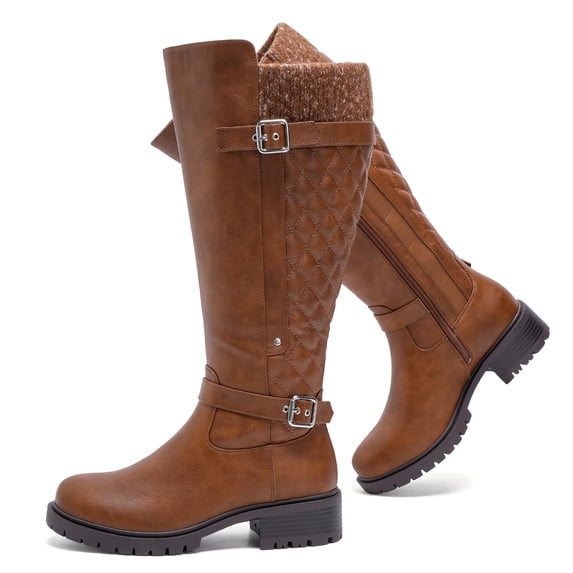 Love Steetly Women's Extra Wide Calf Knee High Boots, Faux Leather Winter Tall Boots, Diamond Quilted Shaft, Knitted Collar, Double Buckle Block Heel Boots.