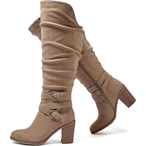 Love Steetly Women's Extra Wide Calf Knee High Boots, Slouchy Ruched Faux Leather, Double Buckle Accents, Chunky Block Heel Side Zipper Boots.