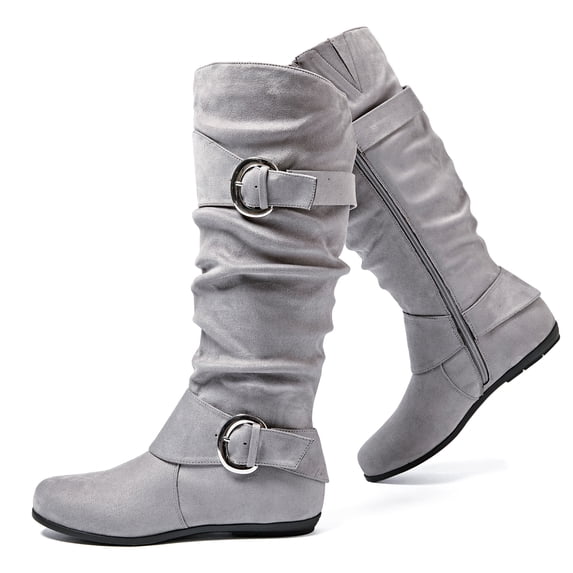Love Steetly Women's Extra Wide Calf Knee High Boots, Slouchy Double Buckle Flat Fall Winter Boots.