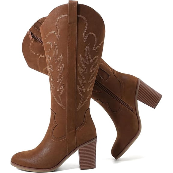 Love Steetly Women's Extra Wide Calf Knee High Cowboy Boots, Vintage Western Embroidered Design, Block Heel Side Zipper Pull On Boots.
