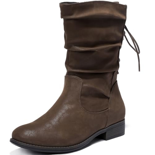Love Steetly Women's Extra Wide Width Ankle Boots, Distressed Faux Suede, Slouchy Ruched Upper, Adjustable Back Lace-Up, Low Stacked Heel Casual Boots.
