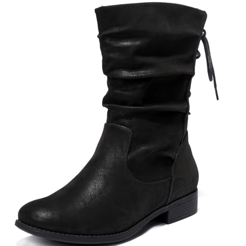 Love Steetly Women's Extra Wide Width Ankle Boots, Distressed Faux Suede, Slouchy Ruched Upper, Adjustable Back Lace-Up, Low Stacked Heel Casual Boots.