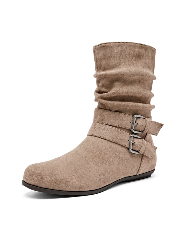 Women's Wide Width Ankle Boots, Ruched Slouchy Suede Texture, Double Buckle Details, Flat Heel Side Zip Everyday Booties.
