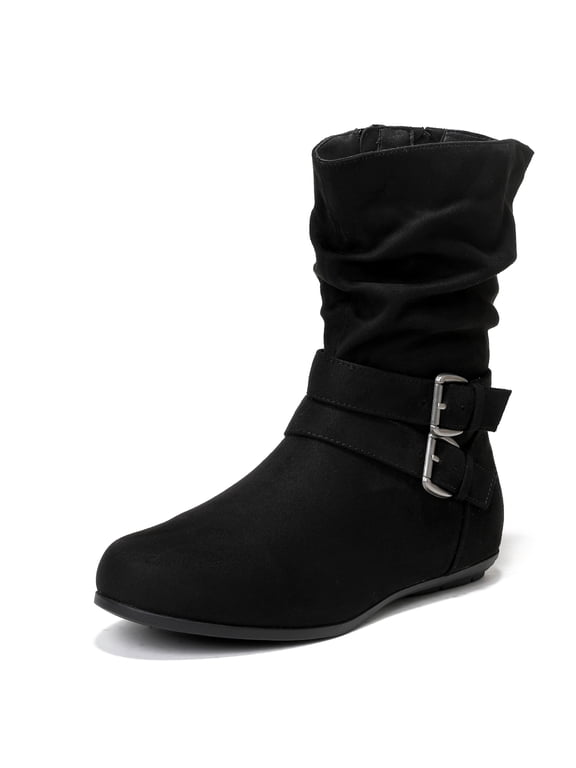 Women's Wide Width Ankle Boots, Ruched Slouchy Suede Texture, Double Buckle Details, Flat Heel Side Zip Everyday Booties.