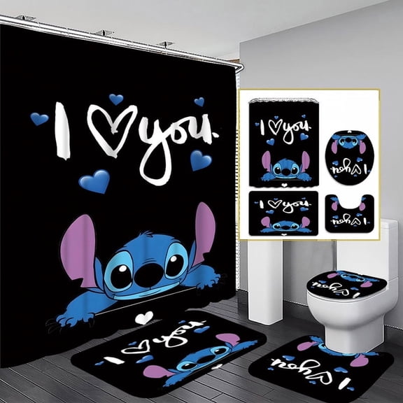 Love Stitch Home Shower Curtain Set, includes a 72x72-inch shower curtain, U-shaped toilet seat cover, non-slip bath mat, and 12 hooks.