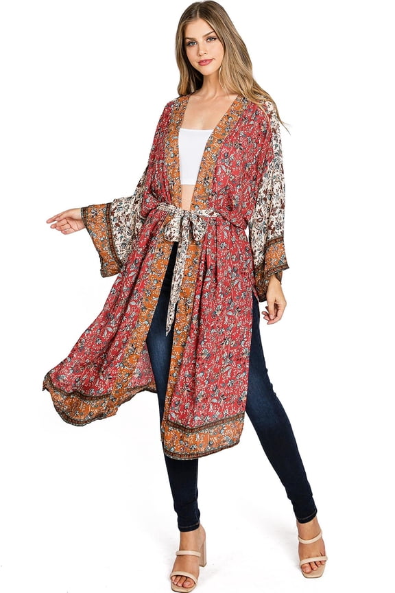 Love Stitch Women's Bohemian Floral Kimono Layering Robe Cardigan (M, Red)