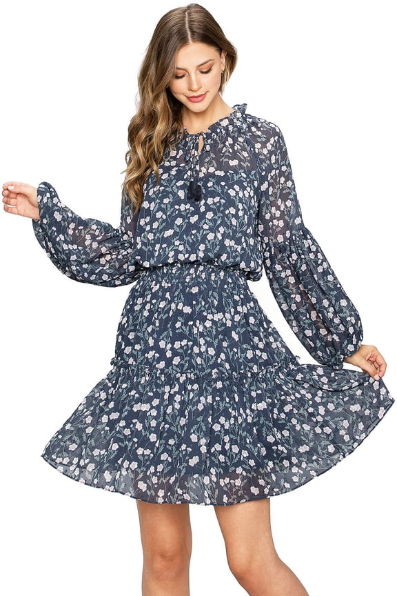 Love Stitch Women's Boho Mock Neck Chiffon Floral Tea Dress   (Navy Blue, Medium)