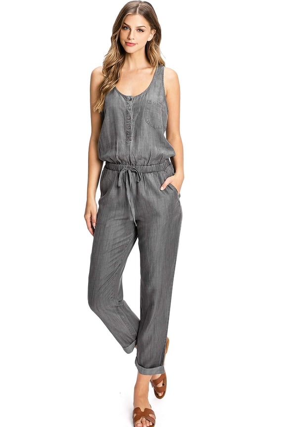 Love Stitch Women's Comfortable Chambray Slouchy Lounge Jumpsuit (Ash Black, Small)