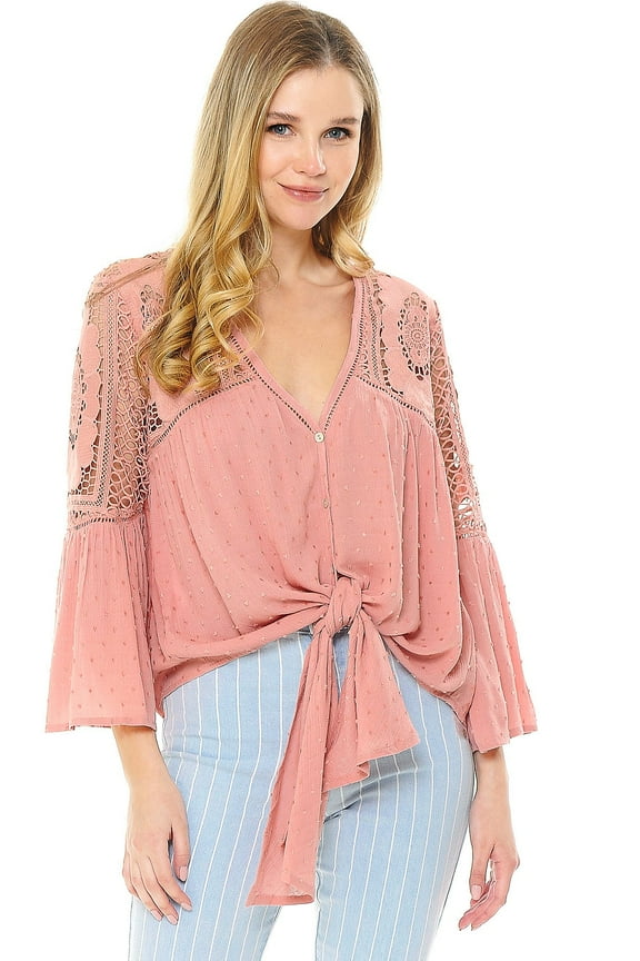 Love Stitch Women's Crochet Bohemian Button Down Knot Blouse (L, Rose)