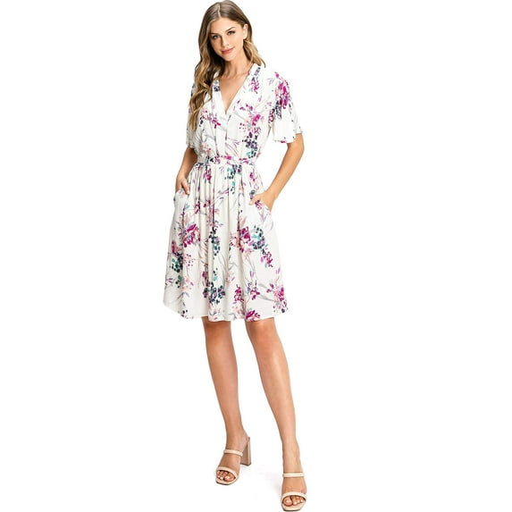 Love Stitch Women's Feminine Floral Knee Length Dress (S, Ivory)