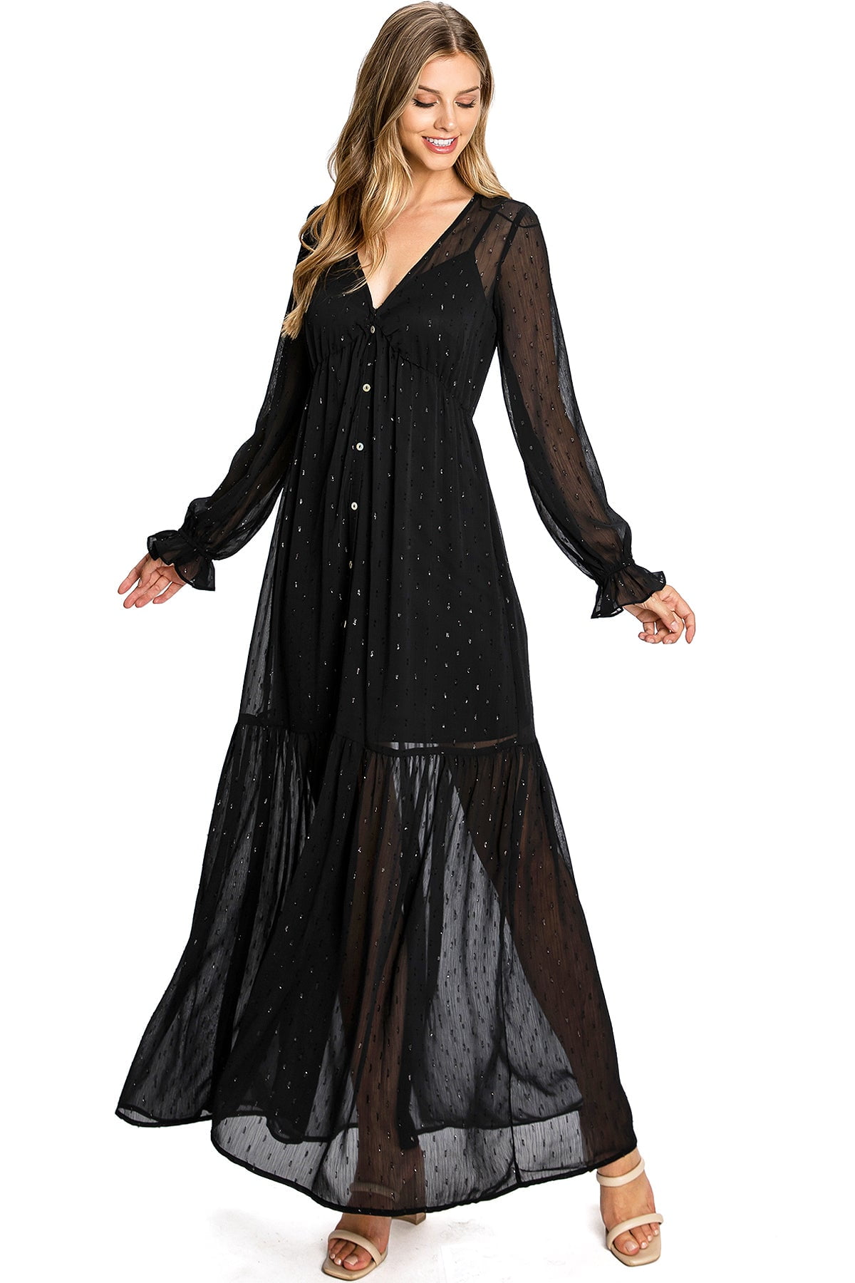 Love Stitch Women\'s Feminine Shirtdress Maxi Dress (S, Black)