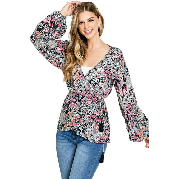 Love Stitch Women's Floral Long Sleeve Wrap Blouse (S, Black/Pink)