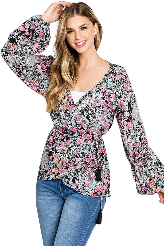 Love Stitch Women's Floral Long Sleeve Wrap Blouse (S, Black/Pink)