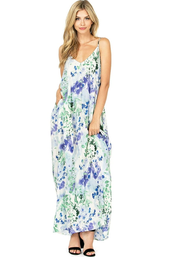 Love Stitch Women's Harem Summer Floral Pocket Maxi Dress (Violet, Medium-Large)