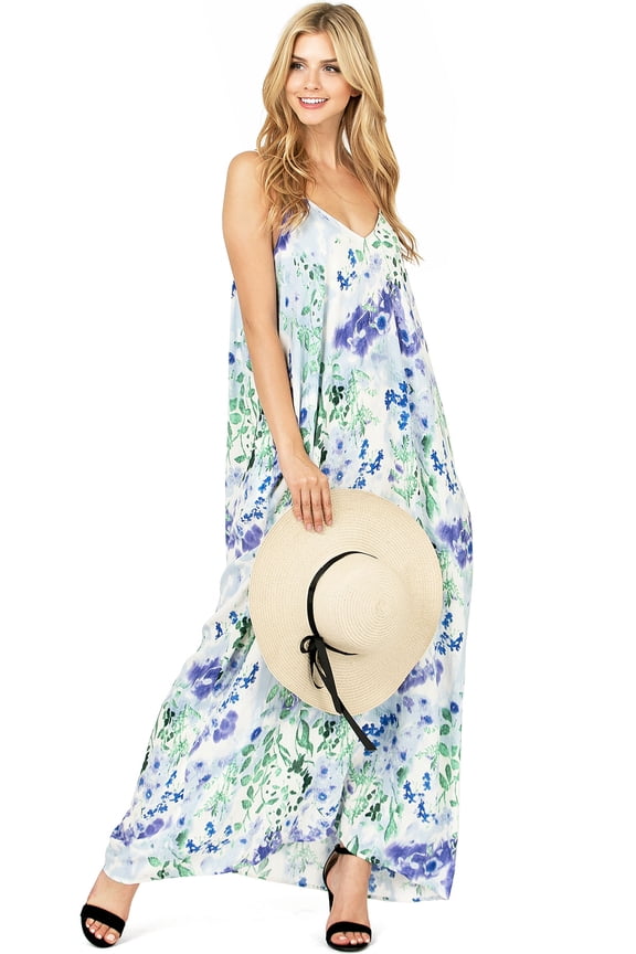 Love Stitch Women's Harem Summer Floral Pocket Maxi Dress (Violet, Small-Medium)