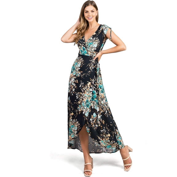 Love Stitch Women's Hi Lo Floral Print Wrap Style Midi Dress (Small, Black)