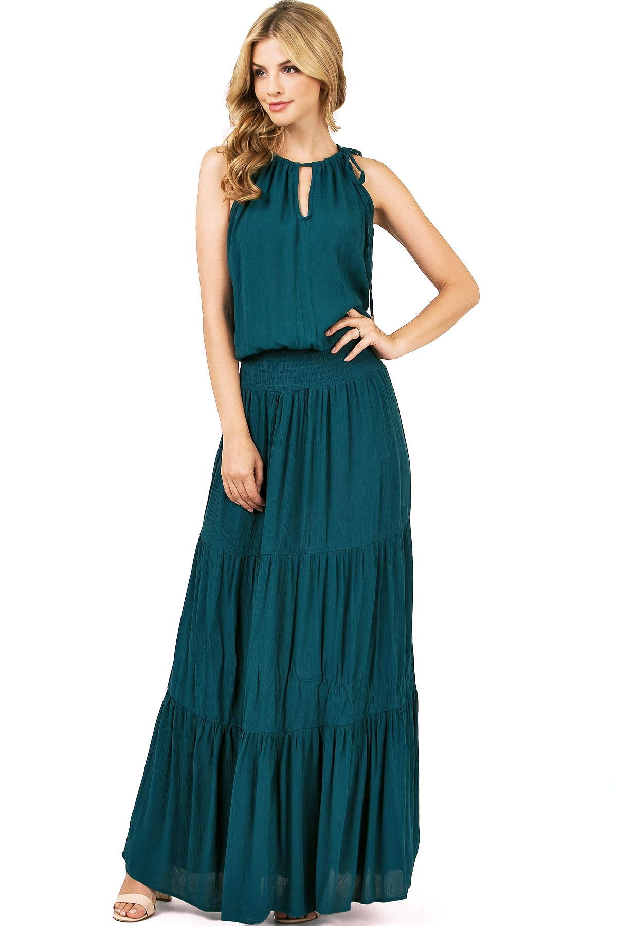 Love Stitch Women's High Neck Halter, Smocked Waist Maxi Dress (Peacock, Medium)