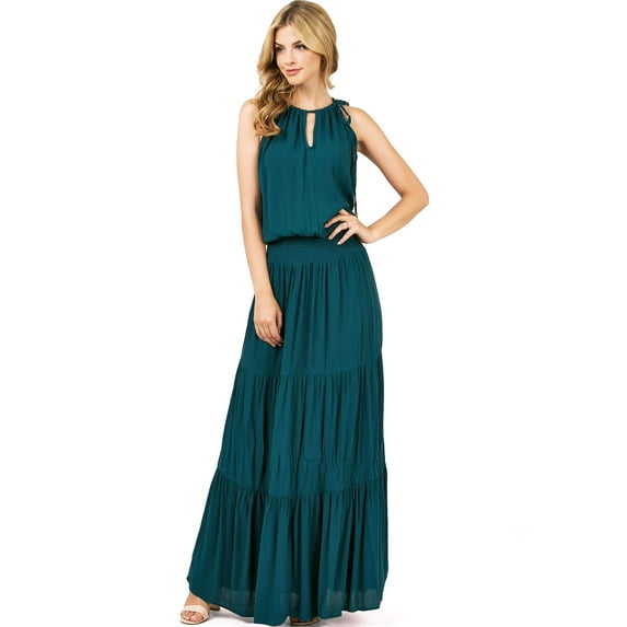 Love Stitch Women's High Neck Halter, Smocked Waist Maxi Dress (S, Peacock)