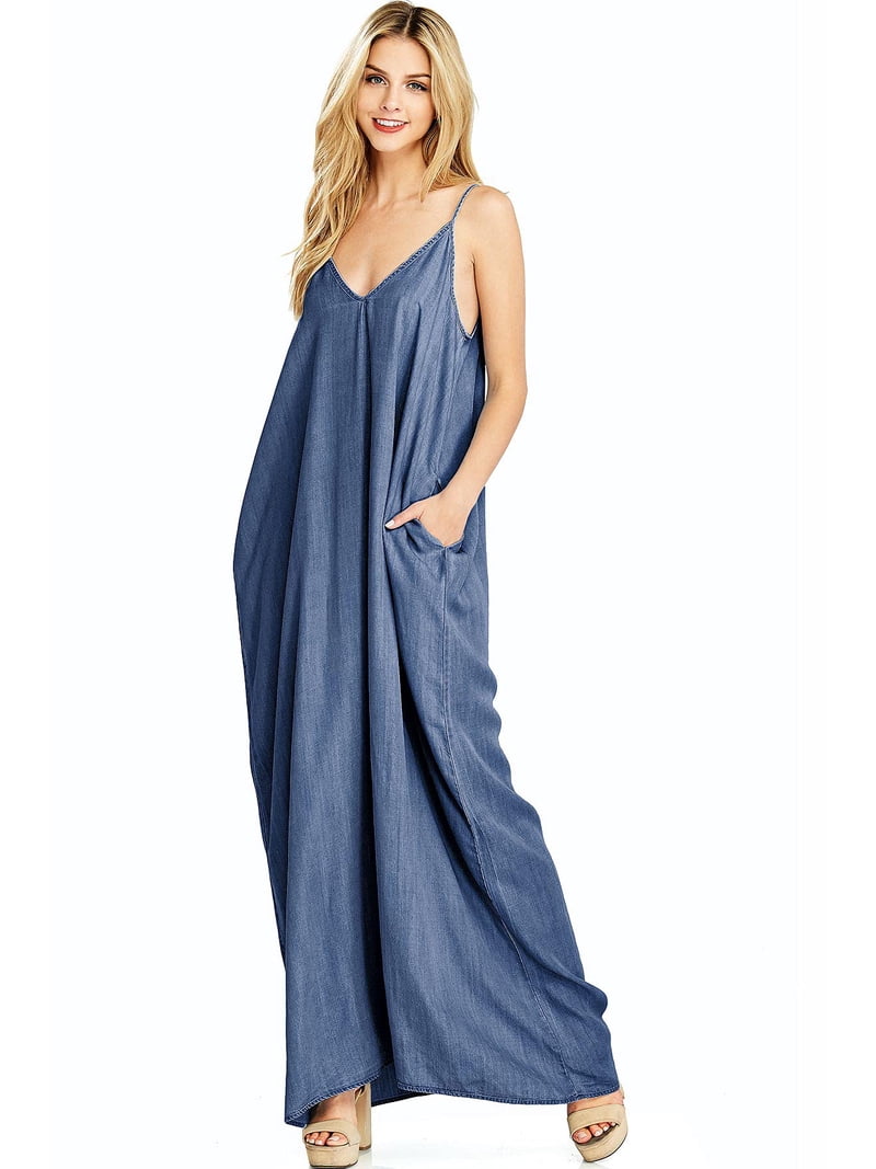 chinese dress ladies Final Sale Plus Size Sleeveless Multi Layered Ruffle Chambray Dress in Denim Color
