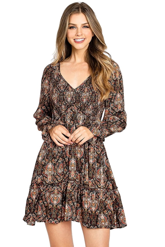 Love Stitch Women's Long Sleeve Bohemian A-line Dress (S, Black)