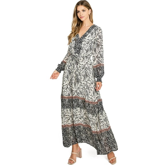 Love Stitch Women's Long Sleeve Bohemian Maxi Dress (Small, Ivory)