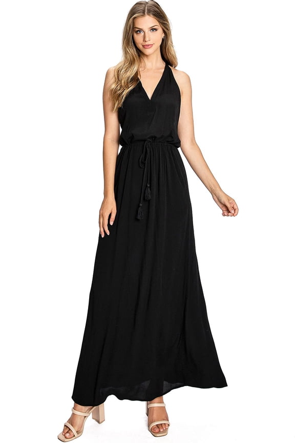 Love Stitch Women's Minimal V-Neck Maxi Dress (Black, Small)