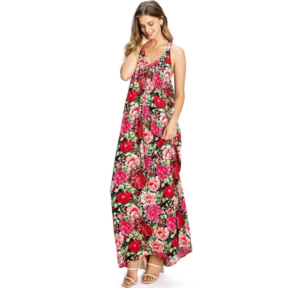 Love Stitch Women's Rose Print Maxi Dress w/ Pockets (S, Red)