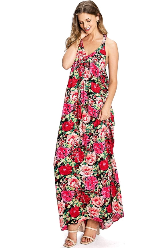 Love Stitch Women's Rose Print Maxi Dress w/ Pockets (S, Red)