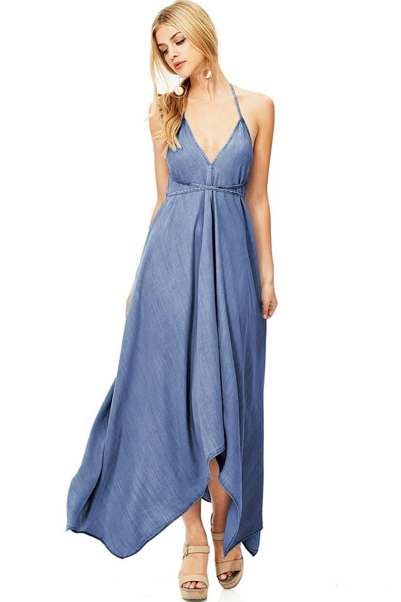 Love Stitch Women's V-Neck Strappy Handkerchief Tencel Midi Dress (M/L, Dark)