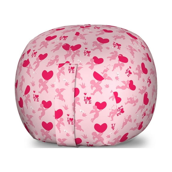 Love Storage Toy Bag Chair, Pattern with Silhouettes of Angel Heart Bird and Calligraphic Text Love Art Print, Stuffed Animal Organizer Washable Bag, Small Size, Rose Pink, by Ambesonne