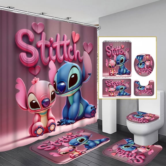 Love Story Couple-Themed Home Shower Curtain Set Includes 72x72-inch shower curtain, U-shaped toilet seat cover, non-slip bath mat, and 12 hooks