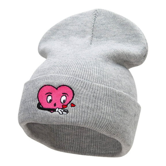 Love Struck Embroidered Long Knitted Beanie - Heather Grey OSFM